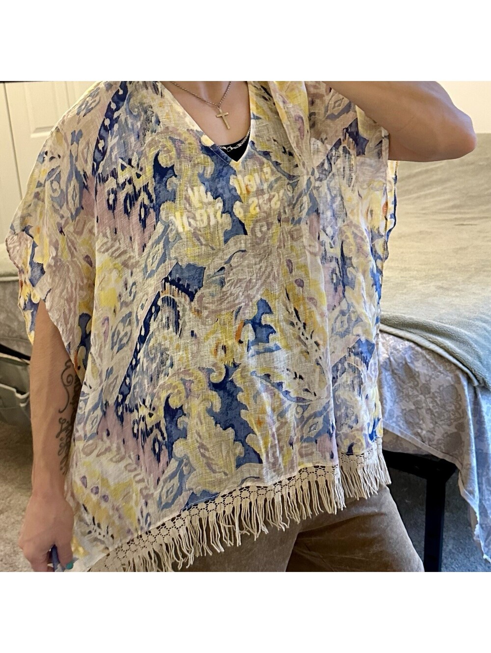 NWT CHICO’S Exotic Floral Lace Poncho Fringe Linen Top Blue Coverup S/M